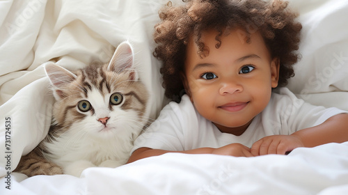 Small African child lies on a bed with a cat. Kitten and baby childhood friendship. Baby and cat. Child and Kitten lying together on the bed