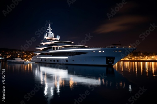Large private yacht at night docked illuminated LED
