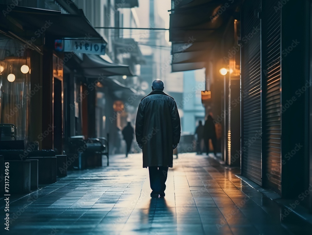 AI generated illustration of an older man walking alone through a gloomy city