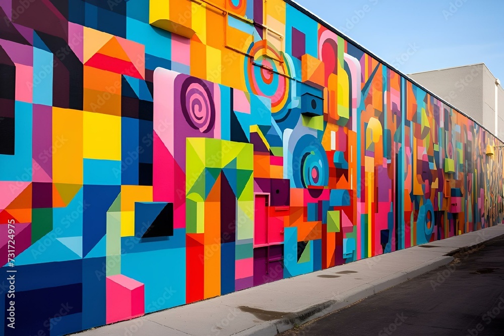 AI generated illustration of a vibrant street art adorns a building wall in a bustling urban street