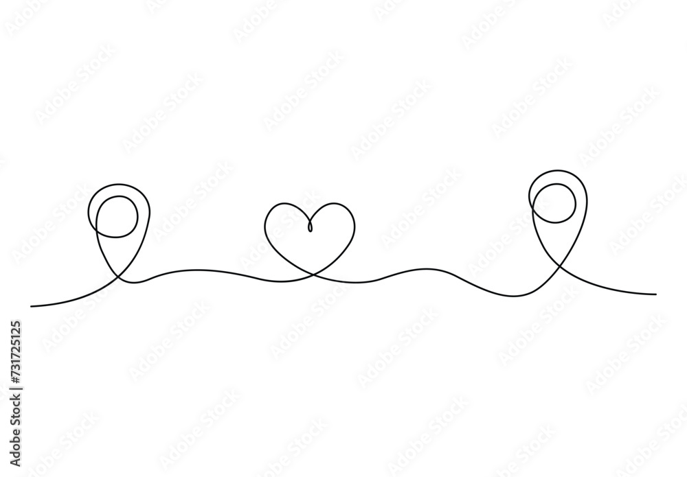 Continuous single line drawing of Geolocation signs and trip plan trace with heart symbol. Vector illustration. Pro vector Continuous single line drawing of Geolocation signs and trip plan trace with heart symbol. Vector illustration. Pro vector