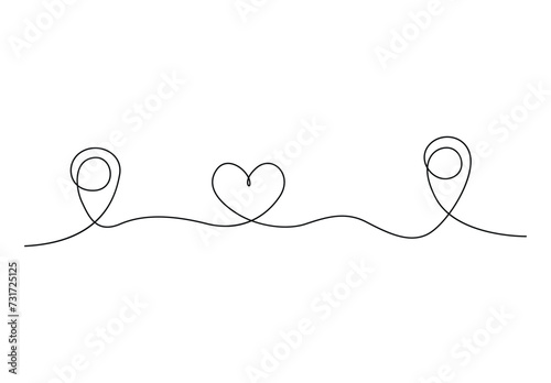 Continuous single line drawing of Geolocation signs and trip plan trace with heart symbol. Vector illustration. Pro vector 