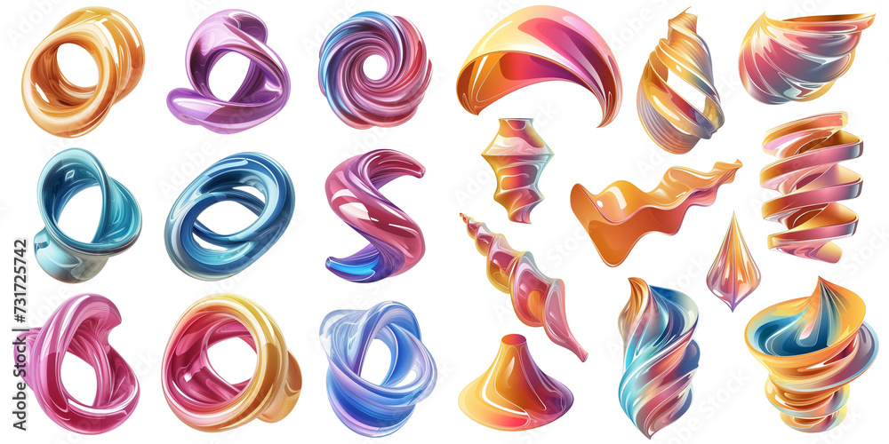 Set of fractal twisted glossy shapes, isolated on transparent background. Set of fractal twisted glossy shapes, isolated on transparent background.
