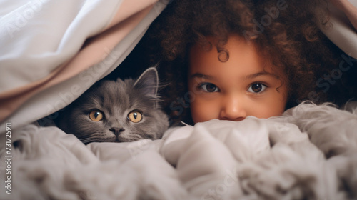 Small African child lies on a bed with a cat. Kitten and baby childhood friendship. Baby and cat. Child and Kitten lying together on the bed