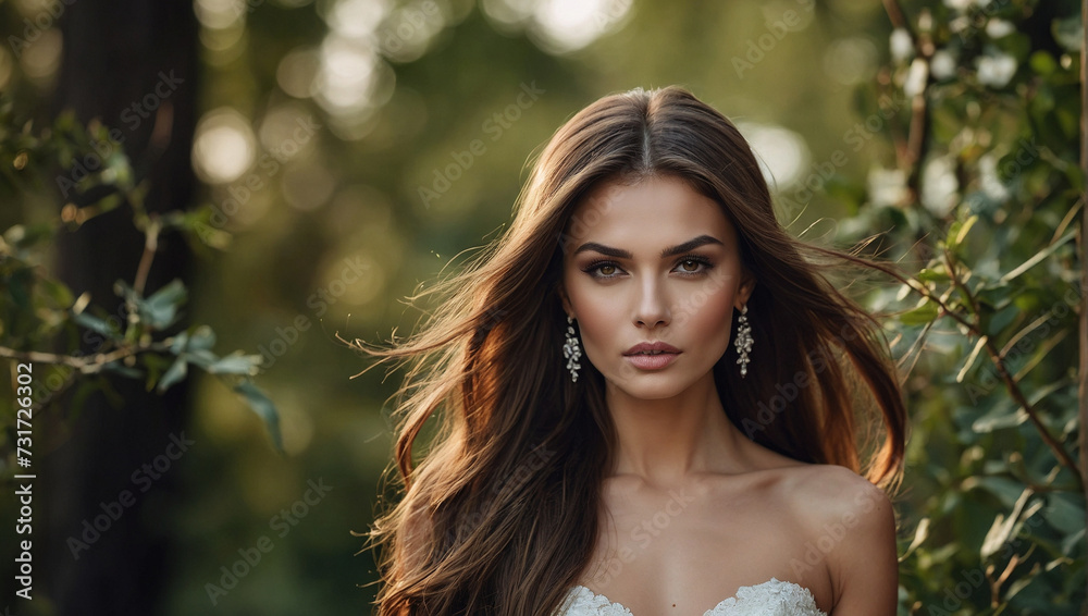 Woman, long and very straight brown hair, wedding photo, posing. generative AI Woman, long and very straight brown hair, wedding photo, posing. generative AI
