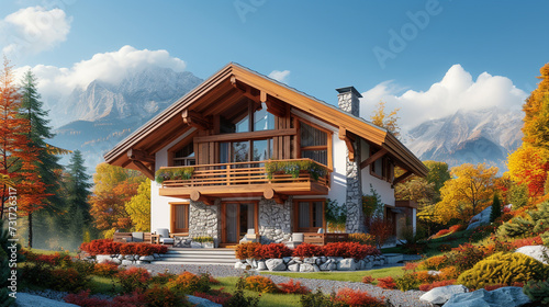 A chalet-style house with a sloped roof and a balcony. 
