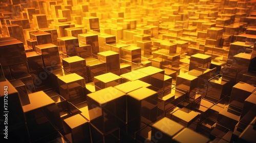 AI generated illustration of an abstract display of golden cubes arranged in a large cluster