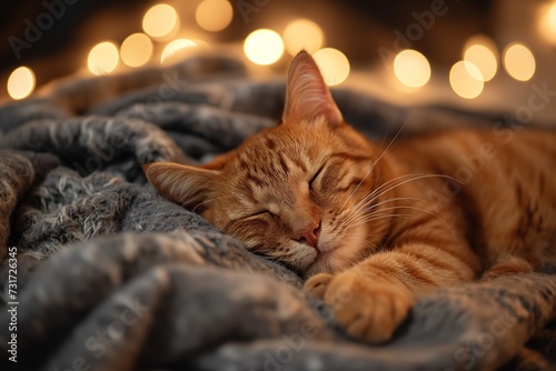 A cat peacefully sleeps on a cozy blanket while colorful lights illuminate the background. photo
