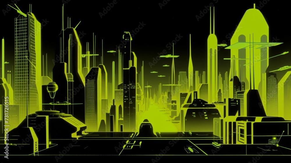 AI generated illustration of a futuristic neon-illuminated city skyline featuring tall buildings