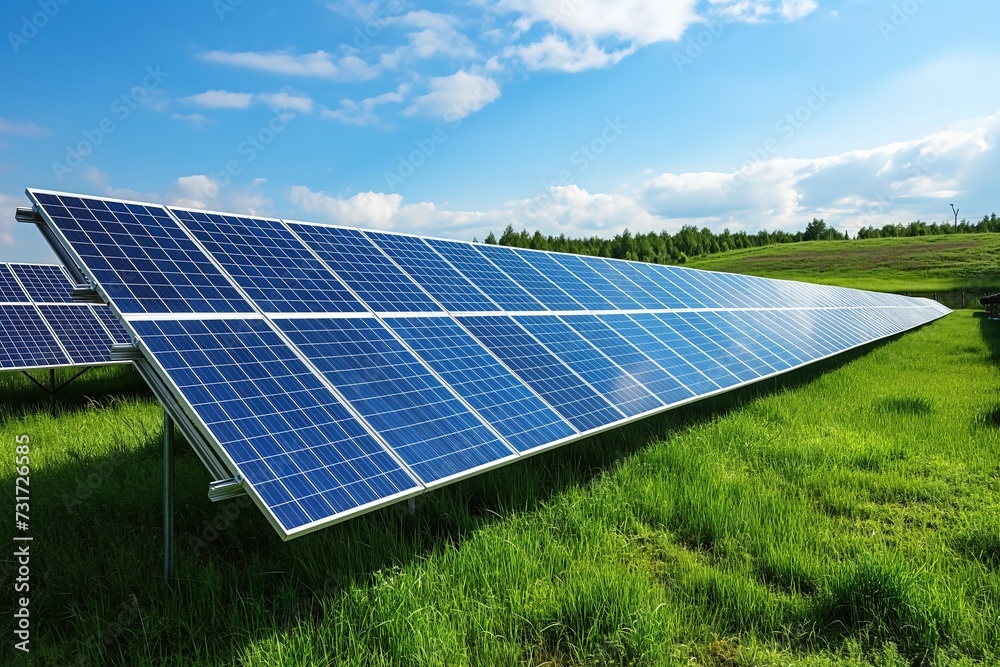 A row of solar panels adorns a vibrant green field, harnessing energy from the sun.