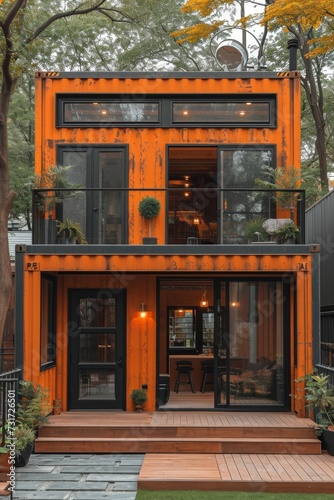 A modern metal building made of shipping containers
