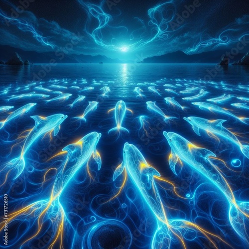 A group of telepathic dolphins swimming in a bioluminescent sea, communicating through intricate light patterns that dance on the water's surface photo