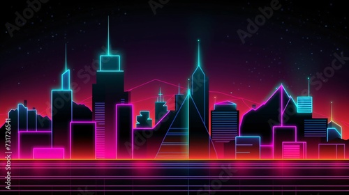 AI generated illustration of a modern city skyline illuminated by neon lights