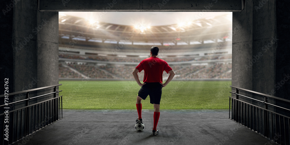 Back view of man, football player standing with ball and looking on stadium with sports fans on tribune. 3D render. Before game. Concept of live sport event, championship, match, game and tournament
