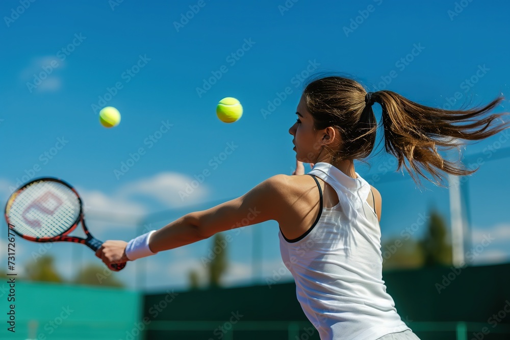 A woman energetically hitting a tennis ball with a tennis racquet during a match.