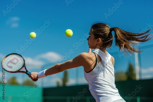 A woman energetically hitting a tennis ball with a tennis racquet during a match. © Joaquin Corbalan