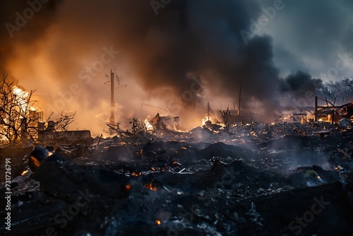A city devastated by flames, a fire caused by an attack in the war.