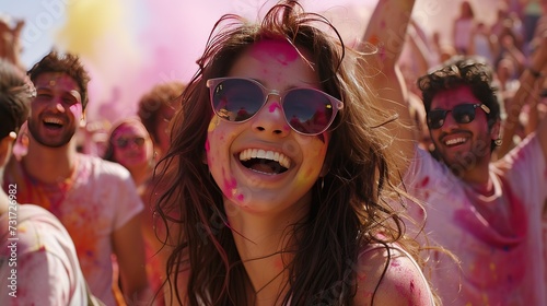 A solo traveler is immersed in the vibrant atmosphere of Holi, surrounded by the laughter and camaraderie of the crowd