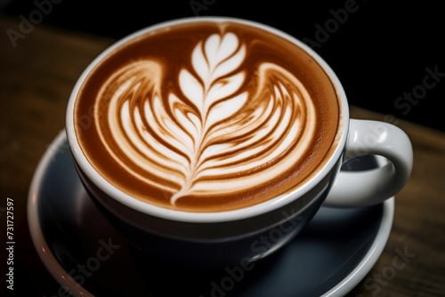 AI generated illustration of a cup of latte with a leaf design on it