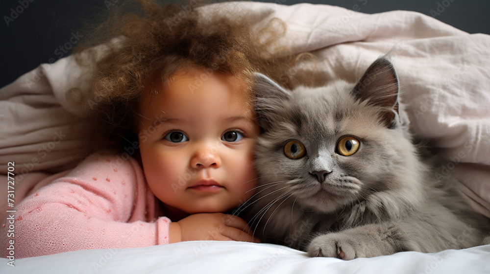 Small African child lies on a bed with a cat. Kitten and baby childhood friendship. Baby and cat. Child and Kitten lying together on the bed Small African child lies on a bed with a cat. Kitten and baby childhood friendship. Baby and cat. Child and Kitten lying together on the bed