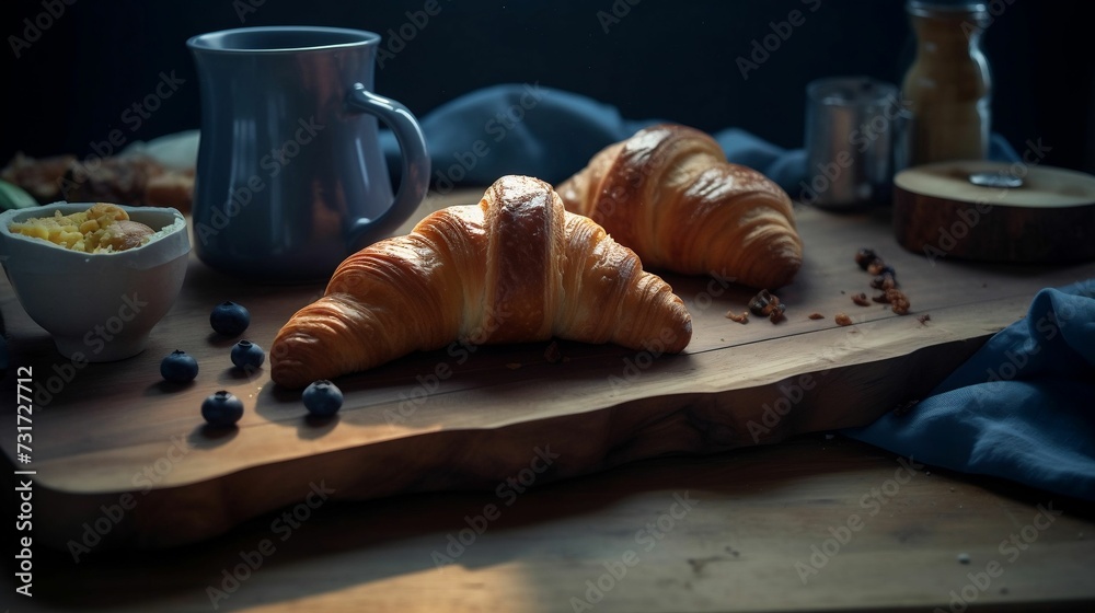 AI generated illustration of delicious croissants on a wooden cutting board AI generated illustration of delicious croissants on a wooden cutting board