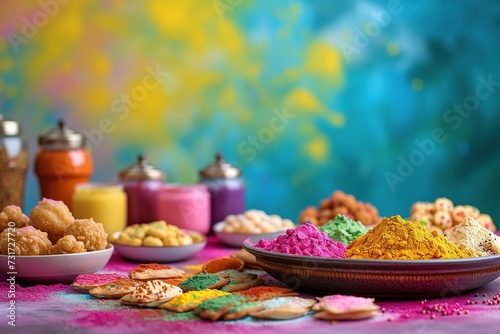 The vibrant array of traditional Holi foods and sweets, set against a festive backdrop, inviting a taste of the celebration photo
