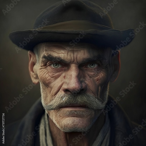 AI generated illustration of a mature man with angry expression wearing a hat on a dark background