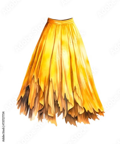 Yellow female midi skirt isolated on white background in watercolor style.