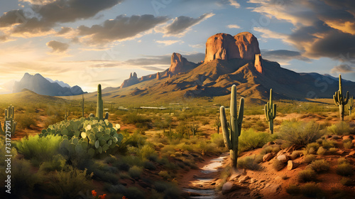 grand canyon state country 3d background image,, Painting of a desert scene with a stream and cactus trees 