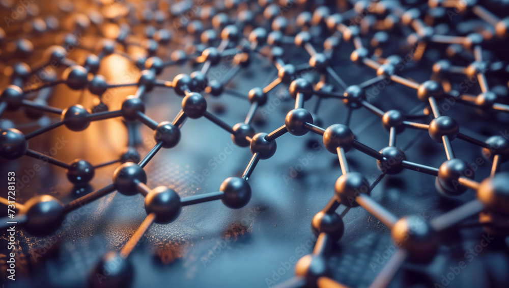 Obraz premium Dark structure representing an atomic compound on a dark background with sun reflections