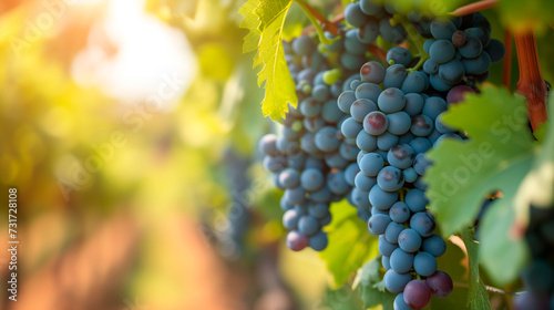 Ripe grapes in a vineyard, signifying wine culture and harvest in a warm, sunlit setting.