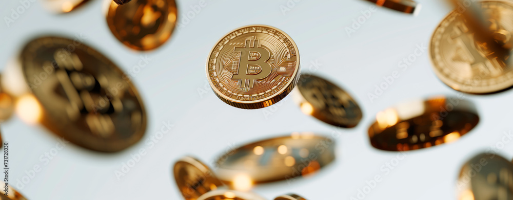 Shimmering gold Bitcoin coins in mid-air on white background, symbolizing cryptocurrency boom.