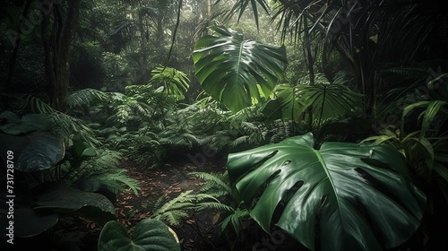 AI-generated illustration of an idyllic tropical jungle with lush green vegetation.