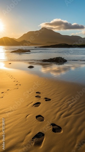 AI generated illustration of a sandy beach with human footprints in the golden sand on a sunny day