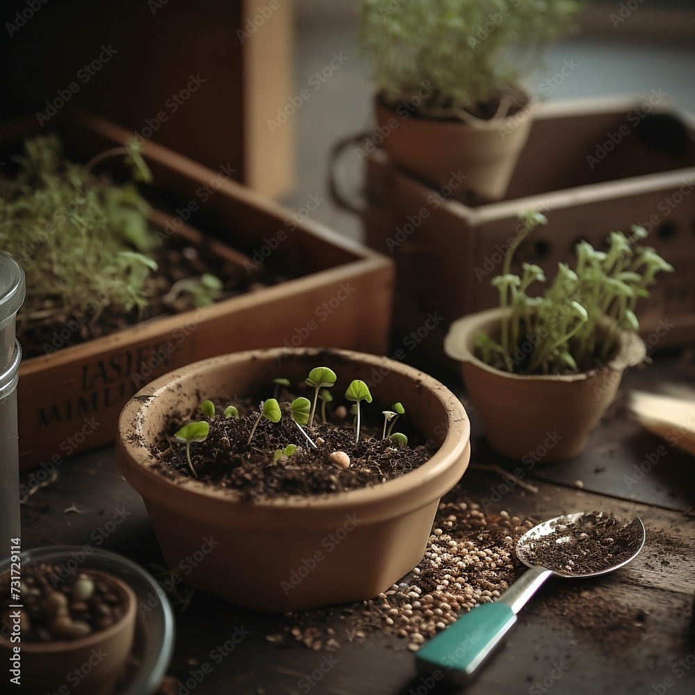 AI-generated illustration of planting seeds for a kitchen herb garden with a blurry background AI-generated illustration of planting seeds for a kitchen herb garden with a blurry background
