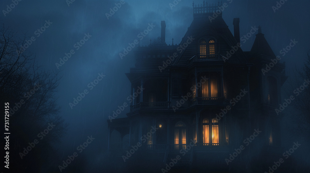 Fototapeta premium A spooky haunted house with eerie lighting and fog, creating a chilling and atmospheric Halloween scene