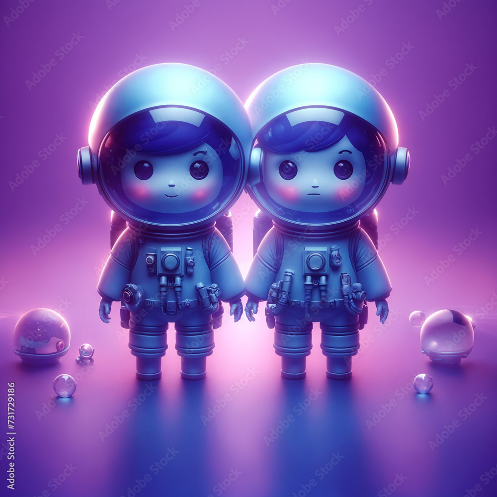 Obraz premium In the image, there are two cartoon-style astronauts standing side by side. They are wearing space suits and helmets, and their eyes are glowing. The background is a gradient of blue and purple. There