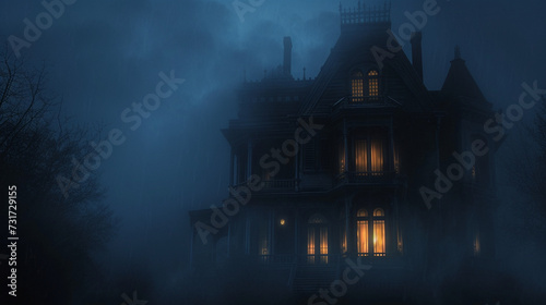A spooky haunted house with eerie lighting and fog, creating a chilling and atmospheric Halloween scene