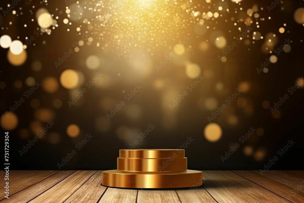 a podium with gold lights above it on a wooden surface