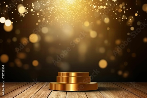 a podium with gold lights above it on a wooden surface photo