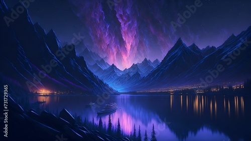 AI generated illustration of a scene featuring the aurora borealis illuminating the night sky