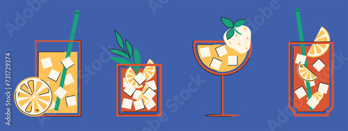 Drinks. Cocktail set. Illustration of classic drinks in various types of glasses. Drinks in retro style. Vector illustration