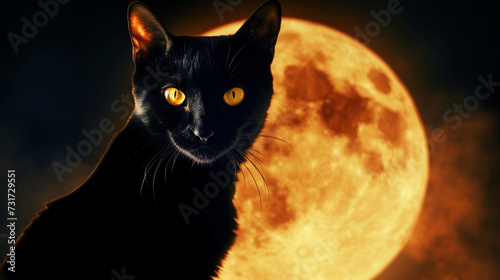 A black cat with bright yellow eyes against a full moon background, embodying the superstitions and folklore of Halloween