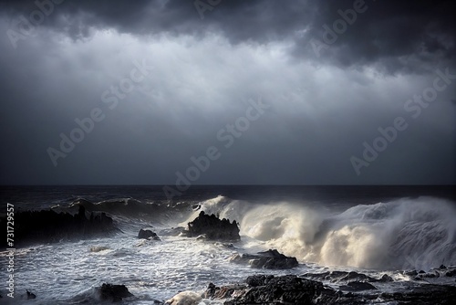 Array of jagged rocks protruding from a turbulent ocean under a stormy sky