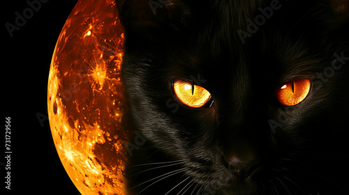 A black cat with bright yellow eyes against a full moon background, embodying the superstitions and folklore of Halloween