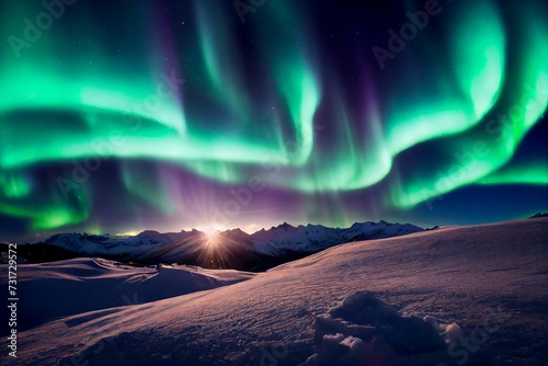 Stunning view of the Northern Lights, cascading across the night sky above snow-covered mountains