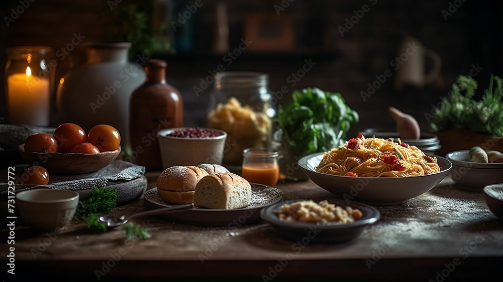 AI generated illustration of a dinner table with a plate of Italian pasta and a loaf of bread AI generated illustration of a dinner table with a plate of Italian pasta and a loaf of bread