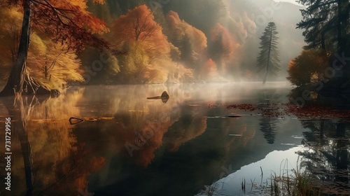 AI generated illustration of a pond surrounded by a picturesque autumnal landscape and a foggy mist