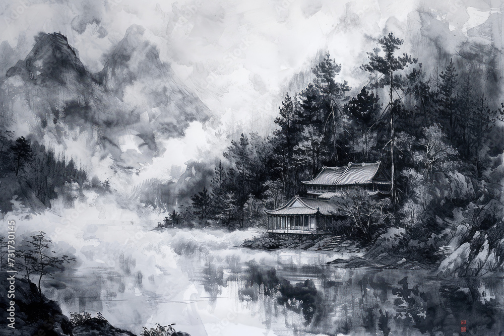 Traditional Chinese ink landscape artwork