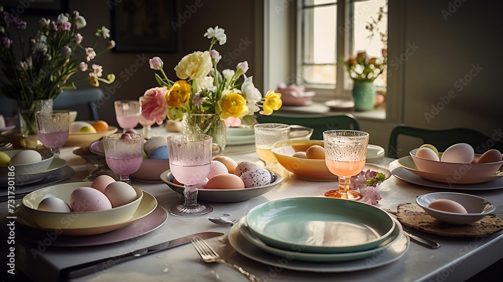 AI generated illustration of A festive Easter table setting with colorful eggs, plates, and cutlery AI generated illustration of A festive Easter table setting with colorful eggs, plates, and cutlery